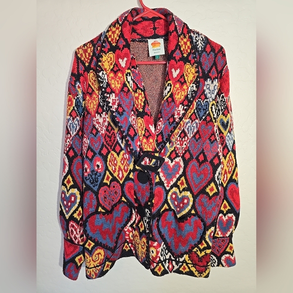 FARM Rio IKAT Knit Multicolor Heart Pattern Cardigan With Belt Size S - Picture 1 of 13